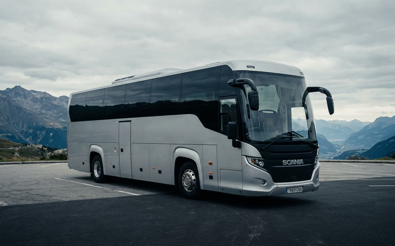 Ezüst Scania Touring autóbusz hegyi kilátópontnál, borult időben
