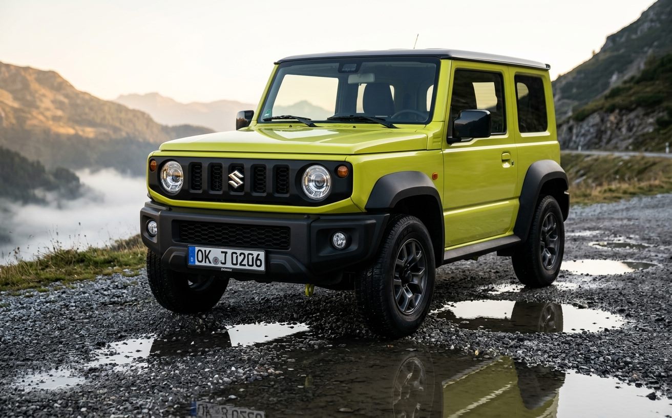 Sárga Suzuki Jimny kavicsos hegyi úton