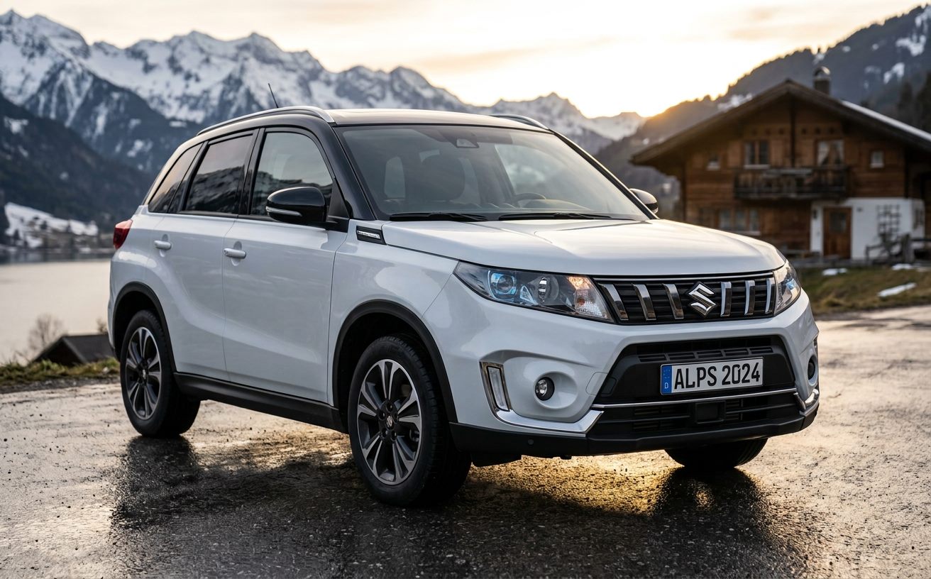 Kéttónusú fehér Suzuki Vitara alpesi tóparton