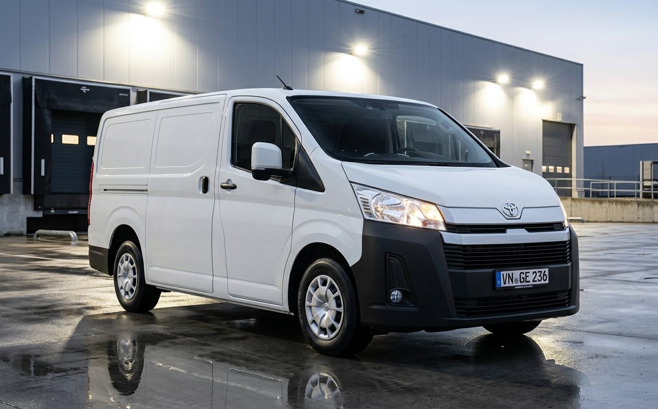 Fehér Toyota HiAce furgon rakodóudvarban