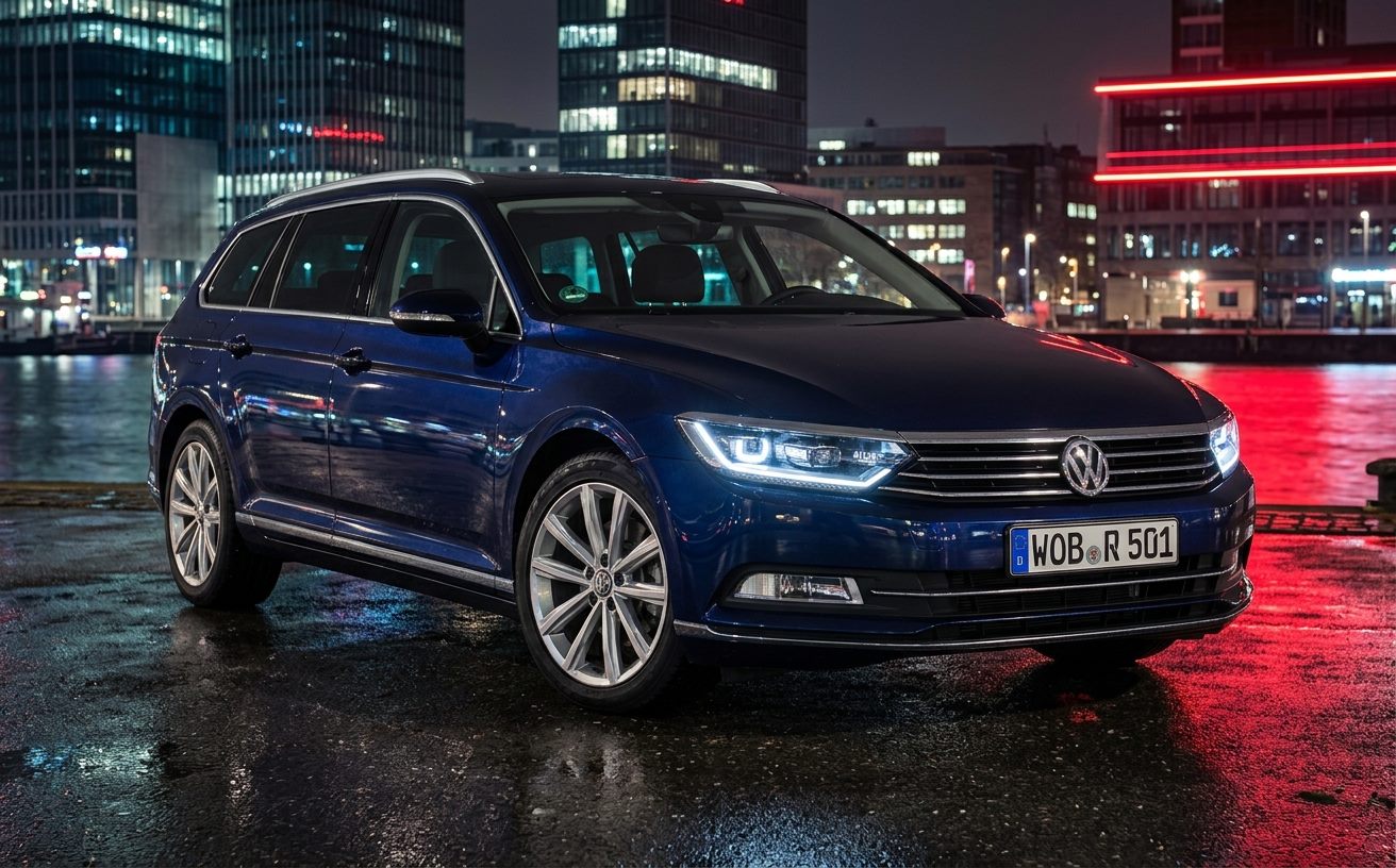 Sötétkék Volkswagen Passat (B8) Variant éjszakai vízparton