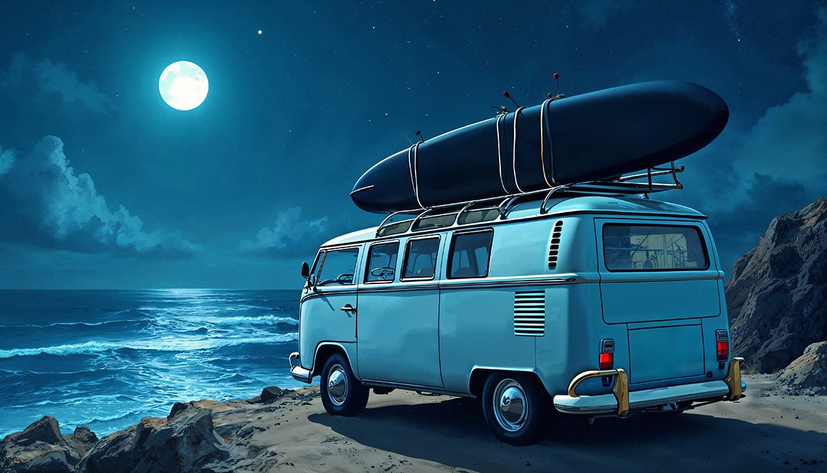 Kék Volkswagen T1 kisbusz holdfényben