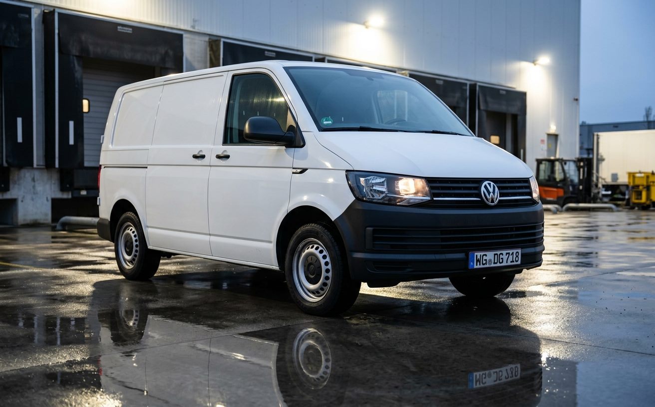 Fehér Volkswagen Transporter (T6) rakodóudvarban