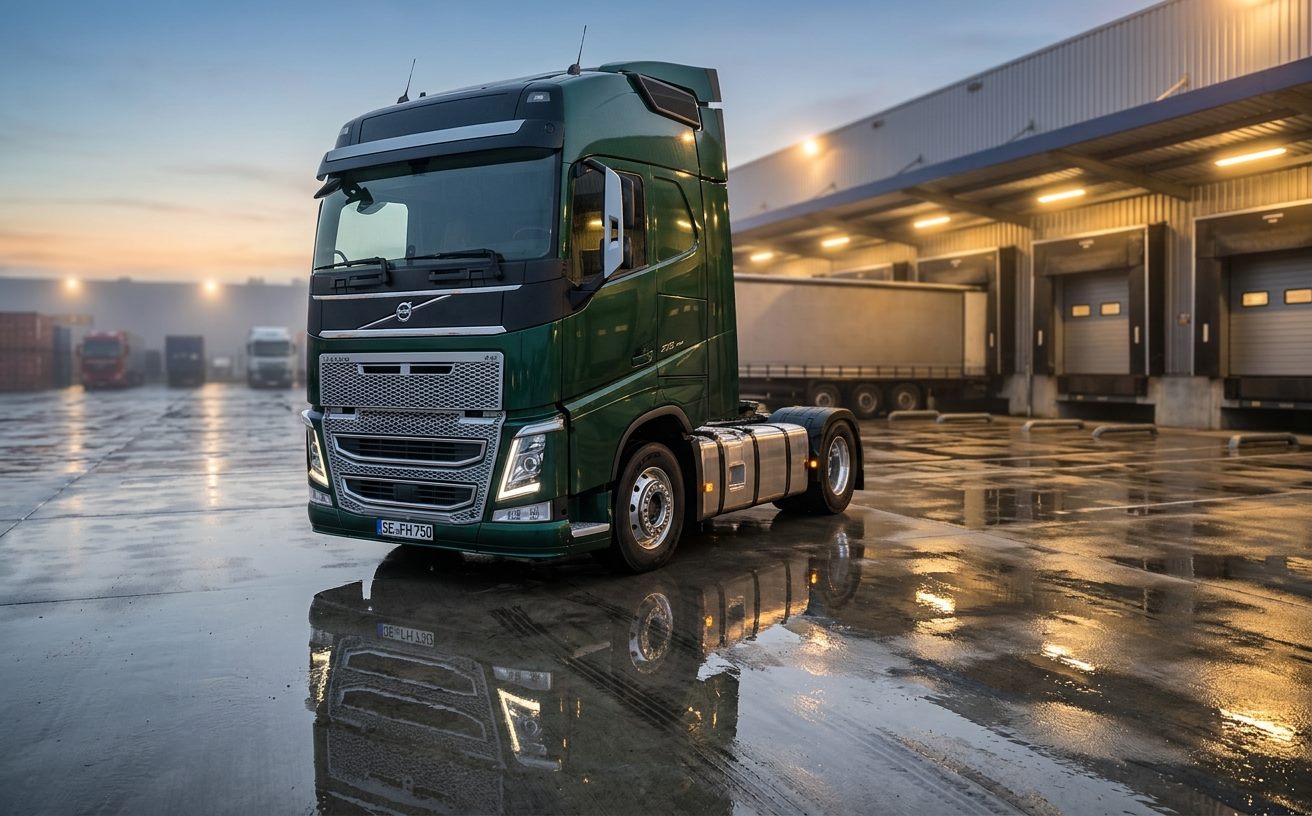 Sötétzöld fülkés Volvo FH nyerges vontató rakodóudvarban