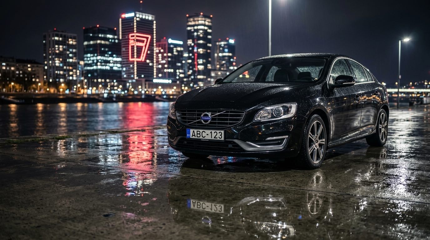 Fekete Volvo S60 szedán éjszakai vízparton