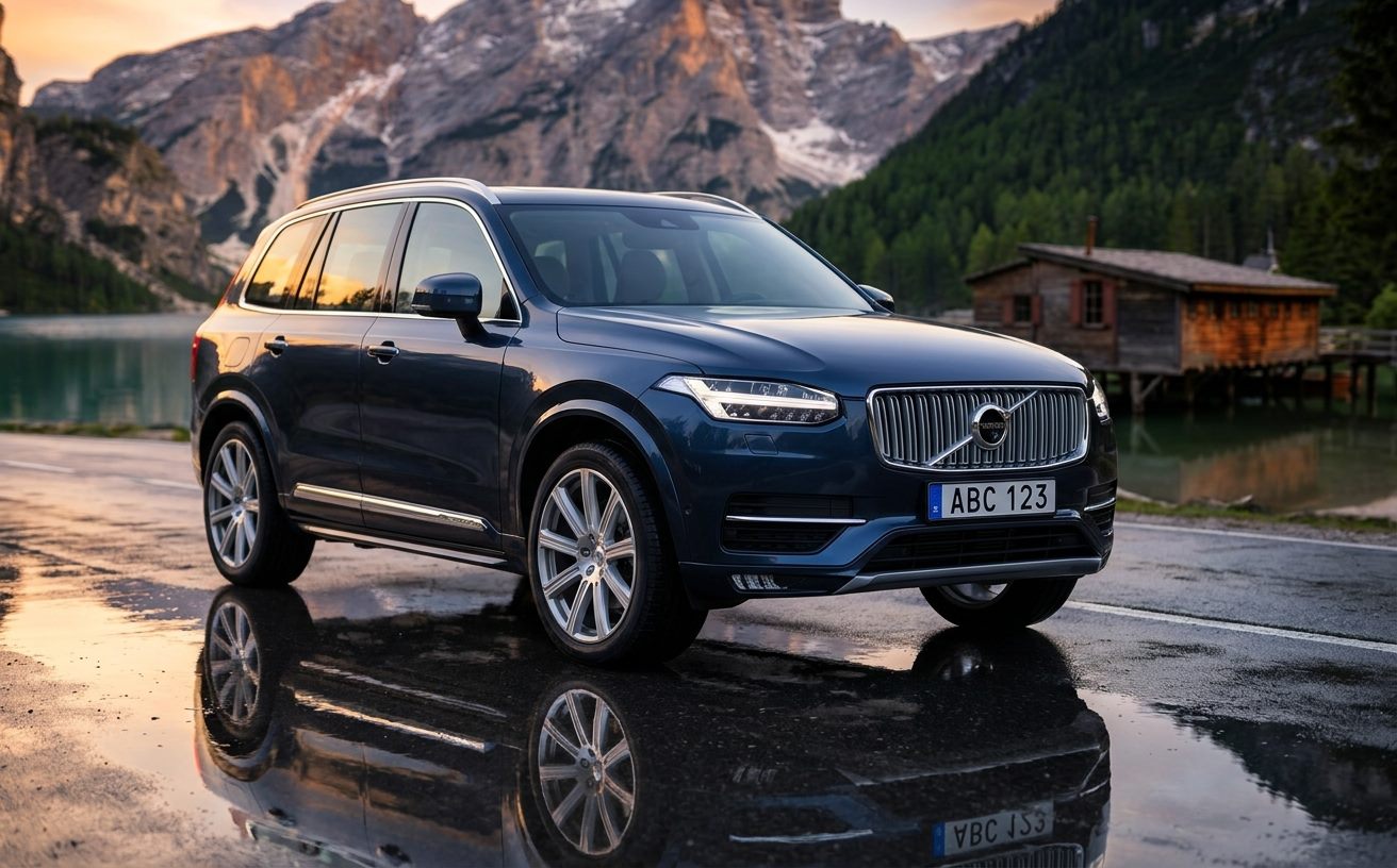 Sötétkék Volvo XC90 alpesi tóparton